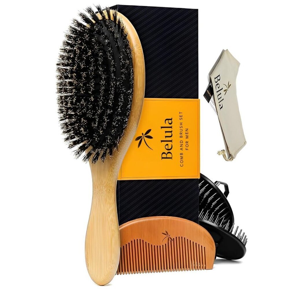 Bristle Hair Brush Set Men Boar Wooden Comb Palm Brushes Travel Bag